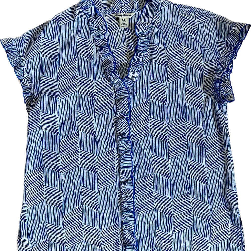 Woman’s Tommy Bahama navy/white ruffled shirt in size small. Vintage